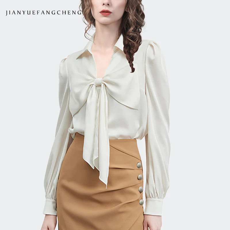 2024 Spring Summer Chic Women Bow-Knot Shirt Long Sleeve V-Neck Satin Top Elegant Fashion Slim Fit Ladies Casual Office Blouses