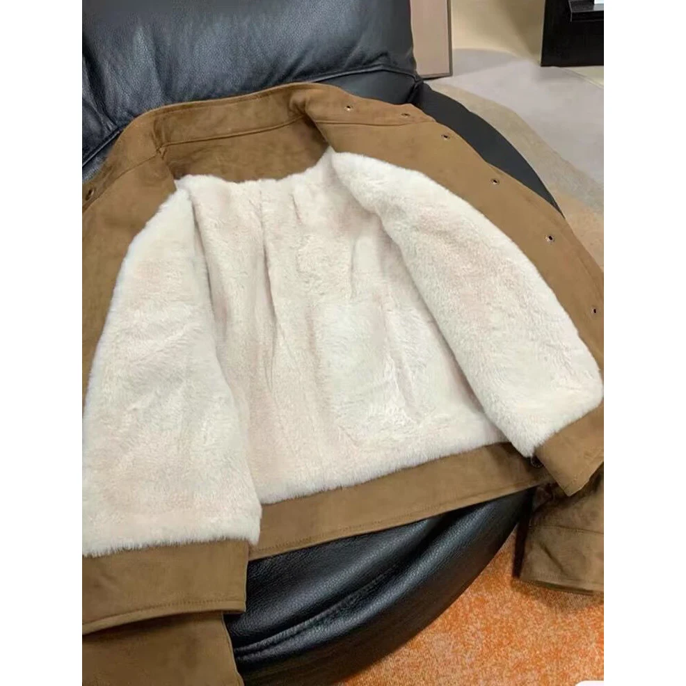 Women Fleece Lined Suede Jacket Stand Collar Button Front Chest Pocket Warm Thick Vintage Casual Winter Outerwear Moto Coat