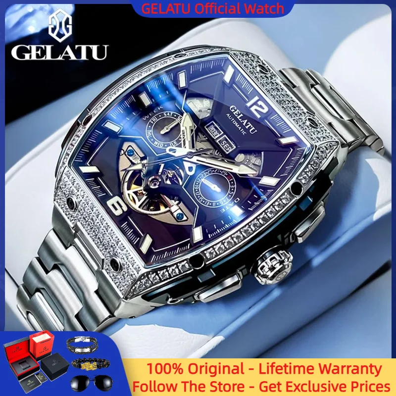 

GELATU 6016 Men Watch Top Brand Hollow out Mechanical Watch Tonneau Dial Sports Business Men Automatic Watch Reloj Hombre Gift