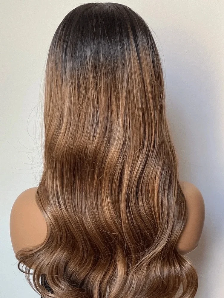 Heat Safe Synthetic Lace Front Wig With Black Roots and Bronzy Blonde Highlights 24 Inches Bouncy Wavy Wig For Women Realistic
