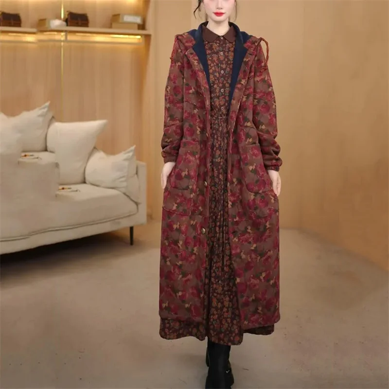 

Floral Velvet Thicke Mid-length Windbreaker Jacket Women's Trench Spring Autumn Winter New Casual Coat Warm Outerwear Female