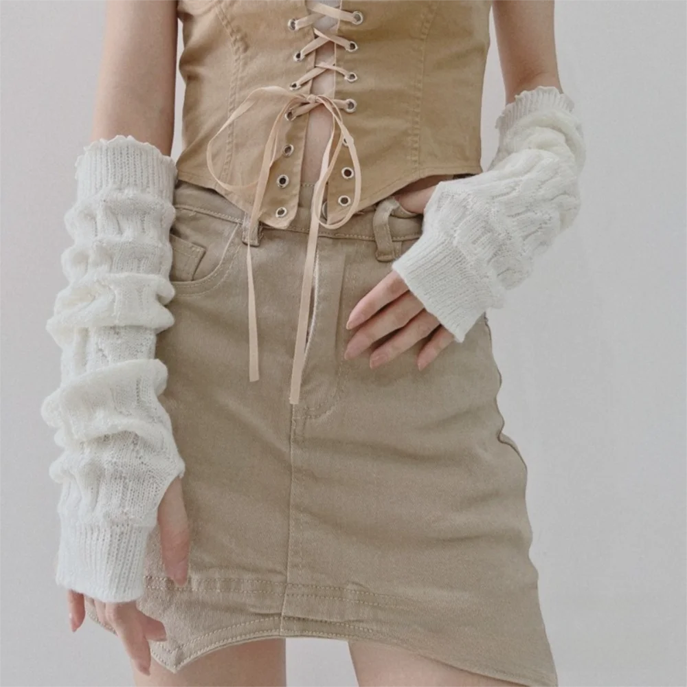 New Long Arm Warmer Gloves Cold Proof Solid Color Warm Arm Sleeve Knitted Fingerless Gloves Women