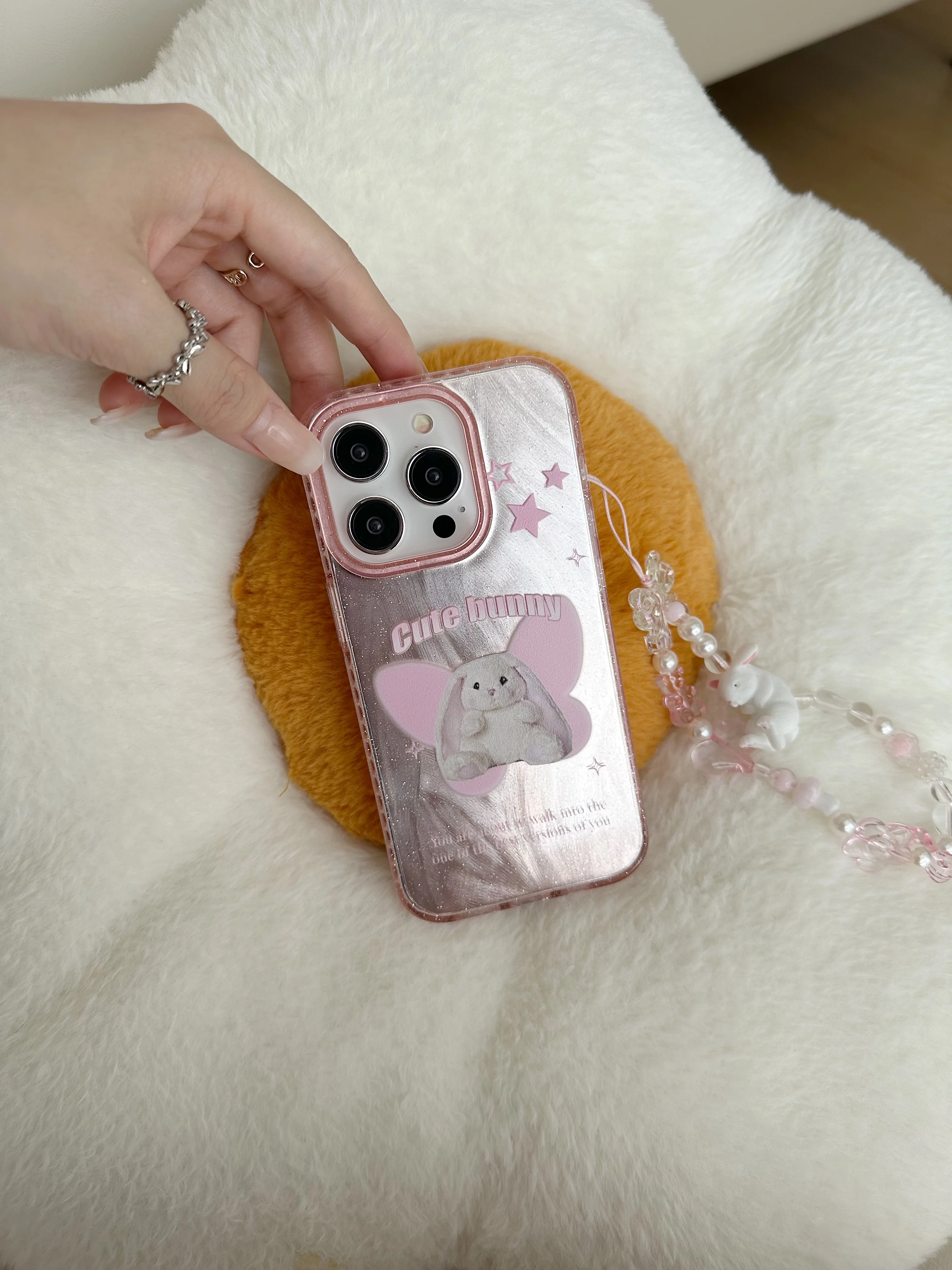 Ins Cartoon Winged Rabbit Pink Star Flash Powder Heart Bracelet Phone Case for iPhone 15 14 13 Pro Max 12 Pro Plus Back Cover image 2