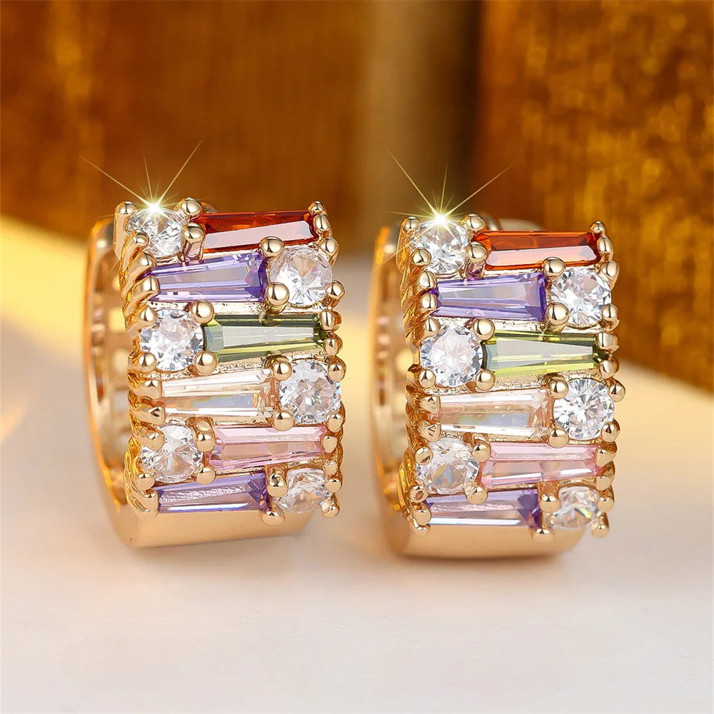 Rainbow Zircon Multicolor Crystal Small Stone Round Hoop Earrings For Women Gold Color Ear Buckle Wedding Jewelry Valentine Gift - view 3