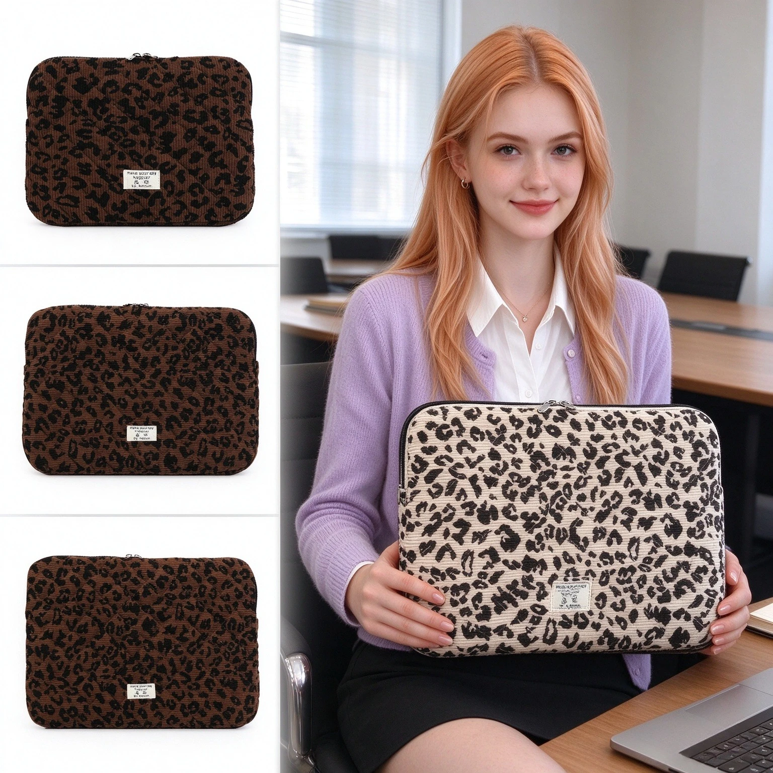 Leopard Print Quilted Laptop Bag with Handle, Corduroy Zipper Shockproof Notebook, Computer Cover for Girls 11 13 14 15.6