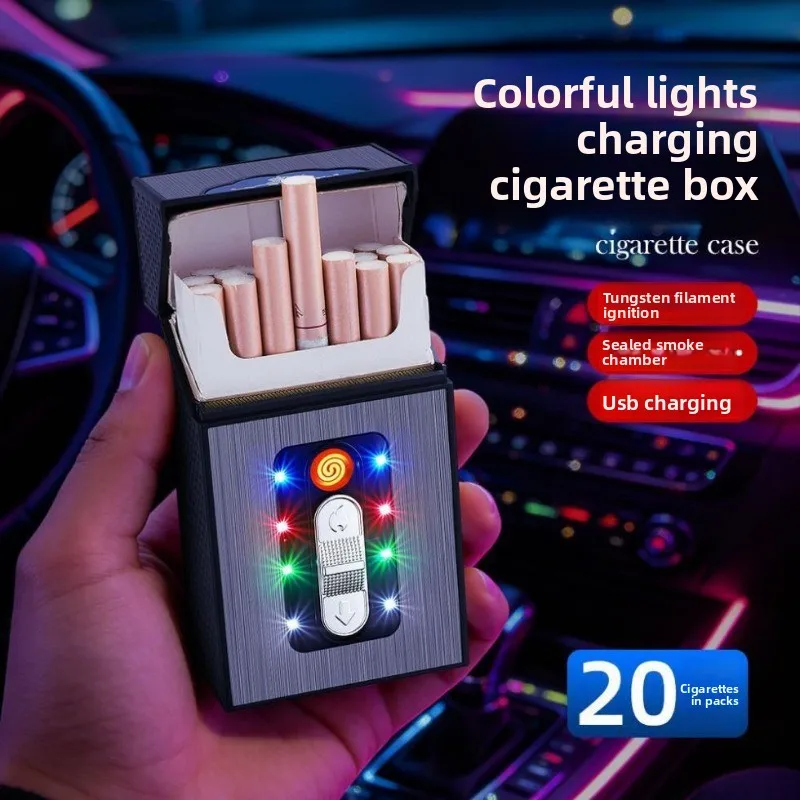 New Slim USB Rechargeable Cigarette Case 20 Capacity Integrated Tungsten Ignition Colored Lights Outdoor Moisture-proof Lighters