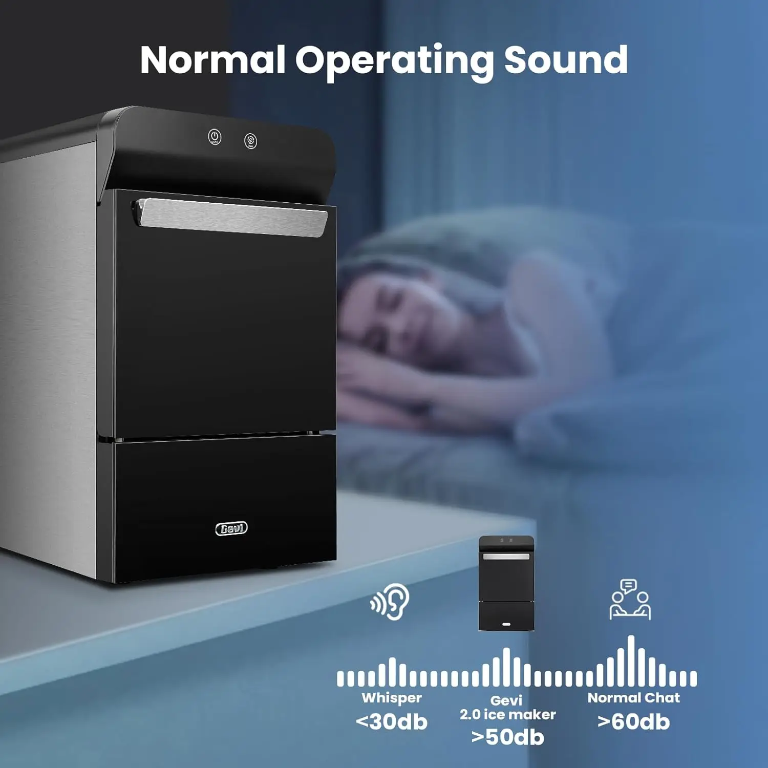 ماكينة صنع الثلج على سطح الطاولة Gevi V2.0 بقدرة 38 رطلًا/24 ساعة، ماكينة صنع الثلج مع غلاف من الفولاذ المقاوم للصدأ، ماكينة صنع الثلج على شكل بيليه قابلة للمضغ مع ماء صب