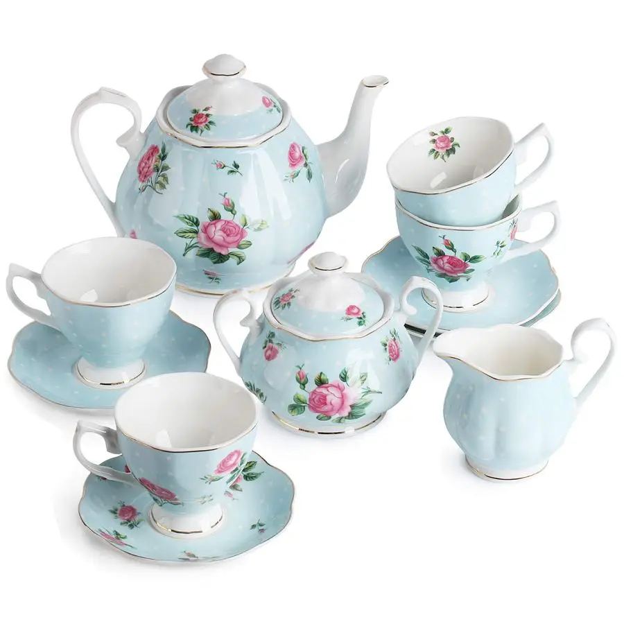 

Floral Tea Sets for Adults, 13 pcs, Service for 4, Pot 38 oz amp Cups 8 oz with Saucers, Pastel Blue Floral Design, Porcelain Te