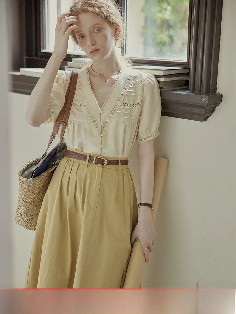 

Топ C.PAIA с текстурой бамбука и кружевными вставками, глубоким V-образным вырезом, для холодной воды, облегающий, с рукавами-фонариками, из смесового хлопка