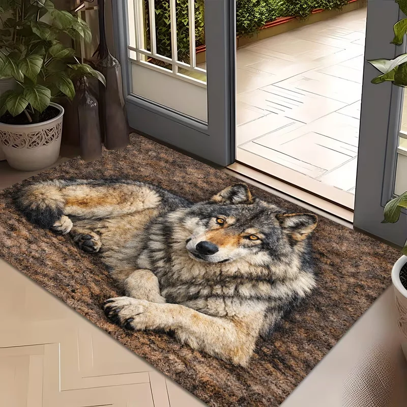 Image of Realistische Wolf-Türmatte, 3D-Tierdruck-Teppich, Rutschfeste Eingangsbodenmatte, Natur-Heimdekoration für Wohnzimmer