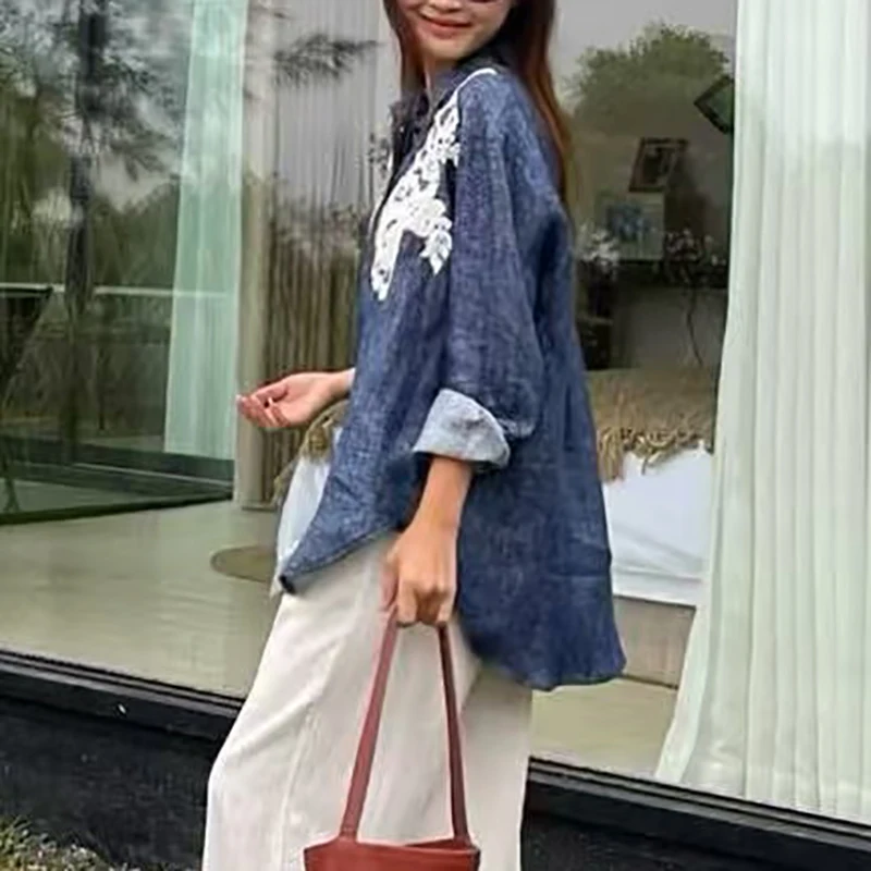 Chemise en lin et dentelle brodée pour femmes, hauts de veste ample décontractés à la mode, chemisier 100% lin de haute qualité, 2025, printemps, nouveau