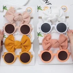 2Pcs/Set Bear Baby Sunglasses Waffle Topknot Hair Bows Headbands Sun Protection Shadow Glasses Kids Fashion Hair Accessories