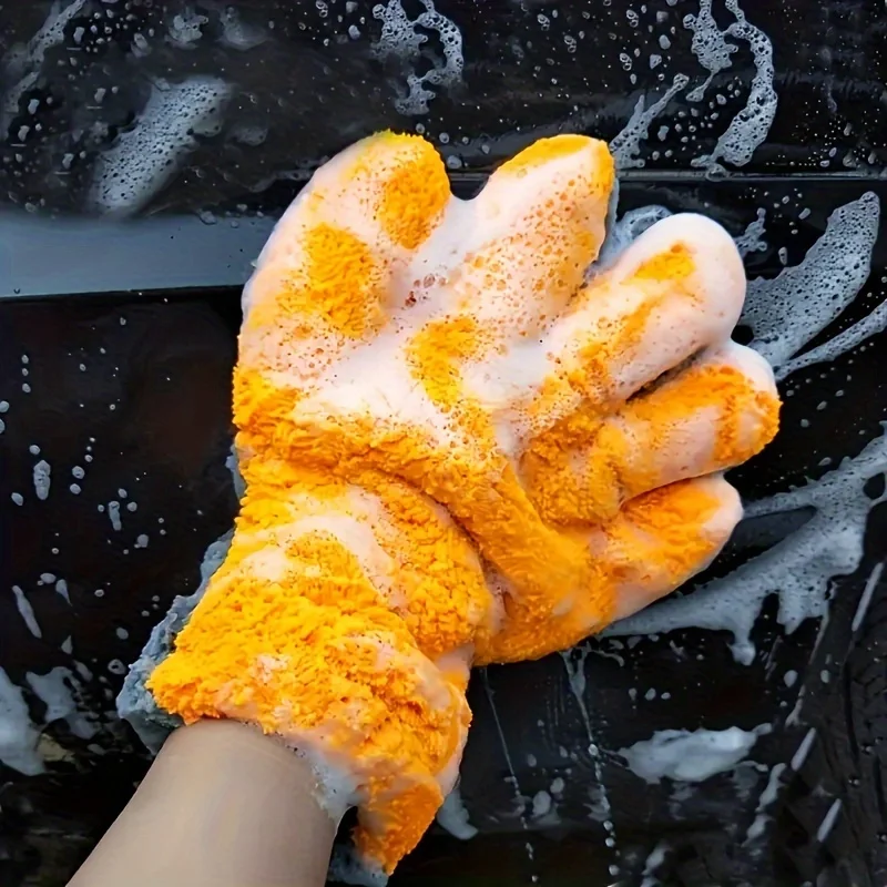 Five‑Finger Coral Fleece Car Wash Glove, Thick Double‑Sided Dual‑Color Mitt, Soft Lint‑Free Tool for Auto & Household Use