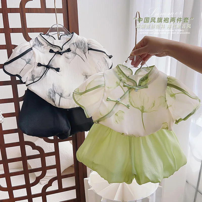 Girls Chinese Style Suit2024New Children's Retro Style Baby Girl Summer Two-Piece Set New-WSNY