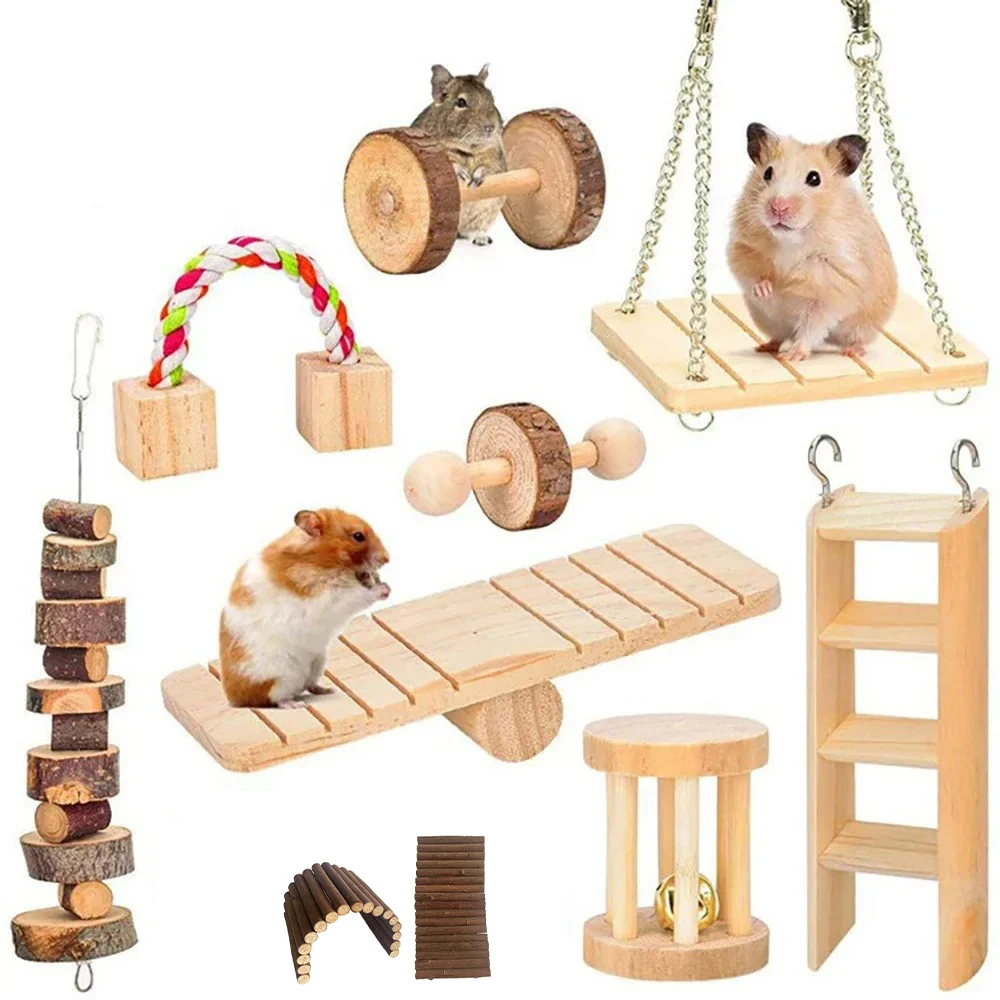 Cute Rabbit Roller Toys Natural Wooden Pine Dumbells Unicycle Bell Chew Toys for bird Guinea Pigs Rat  Small Pet Molars Supplies