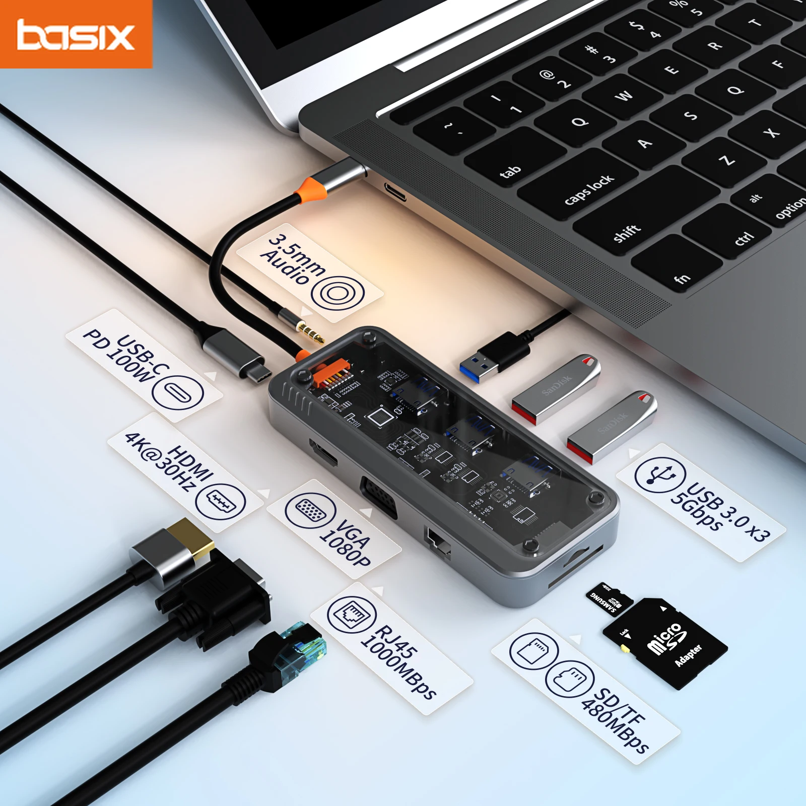 Basix 10-in-1 USB C HUB 4K30Hz Dock Station Typ C zu HDMI-kompatibel RJ45 Ethernet PD100W für MacBook iPad Huawei Sumsang Telefon