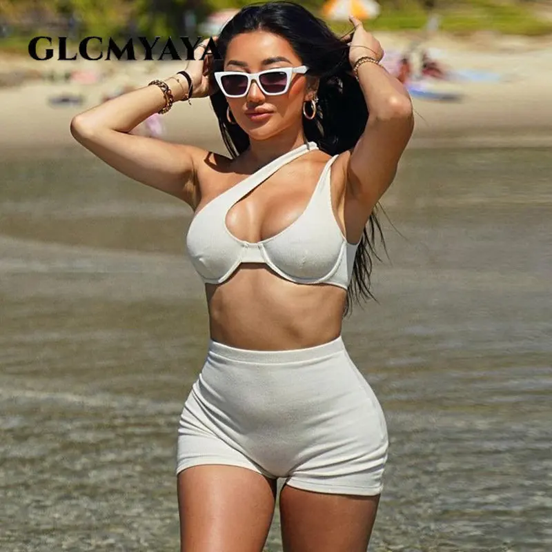 GLCMYAYA Casual Beach Style Women Skew Collar Hollow Out Backless Crop Tops Short Sets 2023 Sexy Sleeveless Solid 2 Piece Set