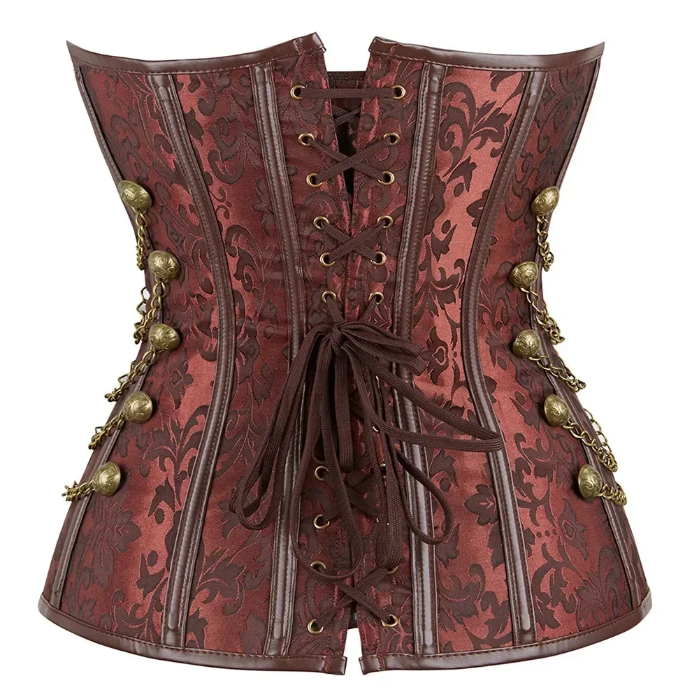 Steampunk Leather Corsets Plus Size Women Sexy Overbust Bustier Steel Bone Spiral Tops Chain Gothic Pirate Vintage Outwear