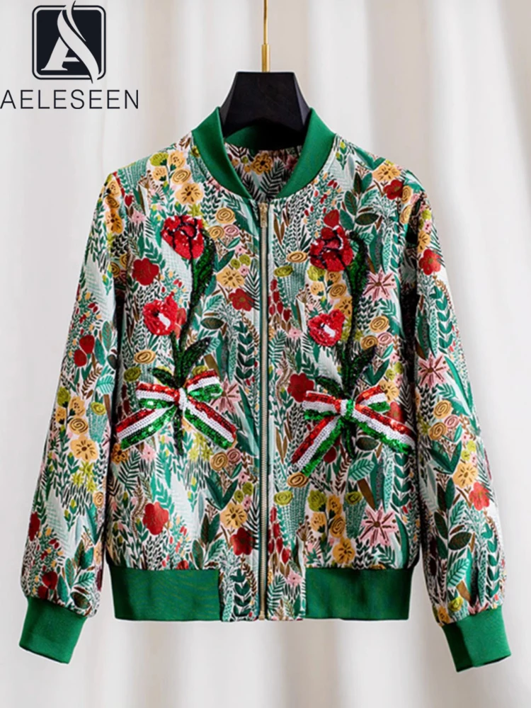 AELESEEN Runway Fashion Autumn Winter Jacket For Women Luxury Beading Sequined Colorful Flower Print Bow Loose Casual Coat