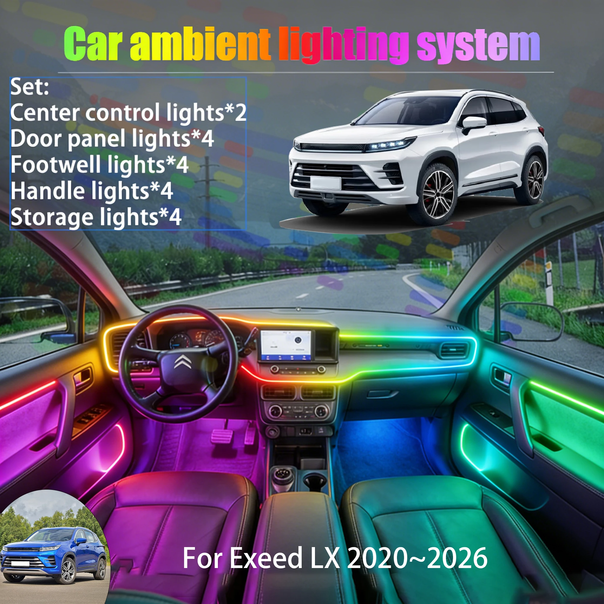 

For Exeed LX 2020~2026 2/18 in 1 Car ambient lighting Led trunk interior led lights USB RGB Ensemble Streamer Auto Parts