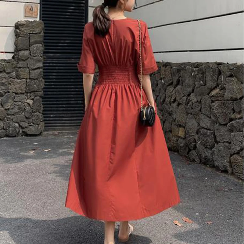 Fashion Elegant Solid Color Waist Women\'s Dresses Summer Vintage Casual Short Sleeve Simplicity Pockets Dress Female Clothing