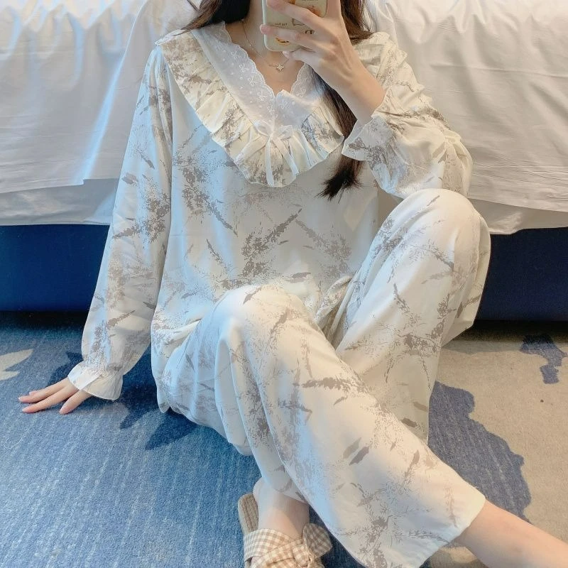 Pure Cotton Silk Pajamas Women's Spring Autumn Long-sleeved Suit Lace Sexy National Style New Models Can Be Worn Loungewear