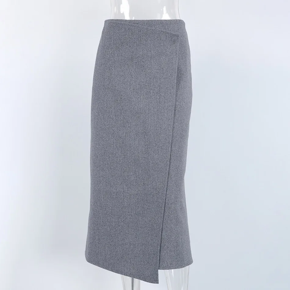 Herbst Winter Neue Damen-Pendlerkleidung Grauer Woll-Midirock Eleganter Hochtaillierter Knopf-Schlitzrock für Damen – Detail 19