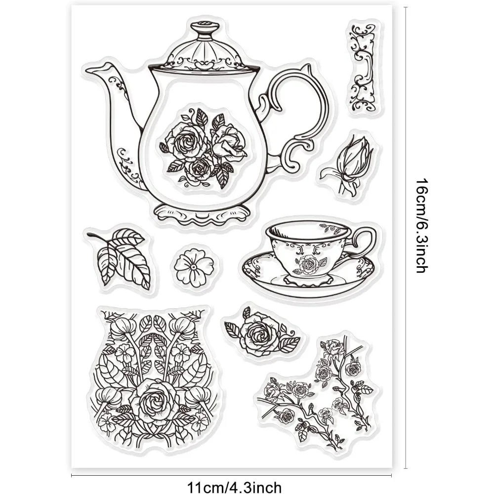 Teapot and Teacup Silicone Clear Stamps Roses Transparent Stamps for Birthday Valentine's Day Cards Making DIY Scrapbooking