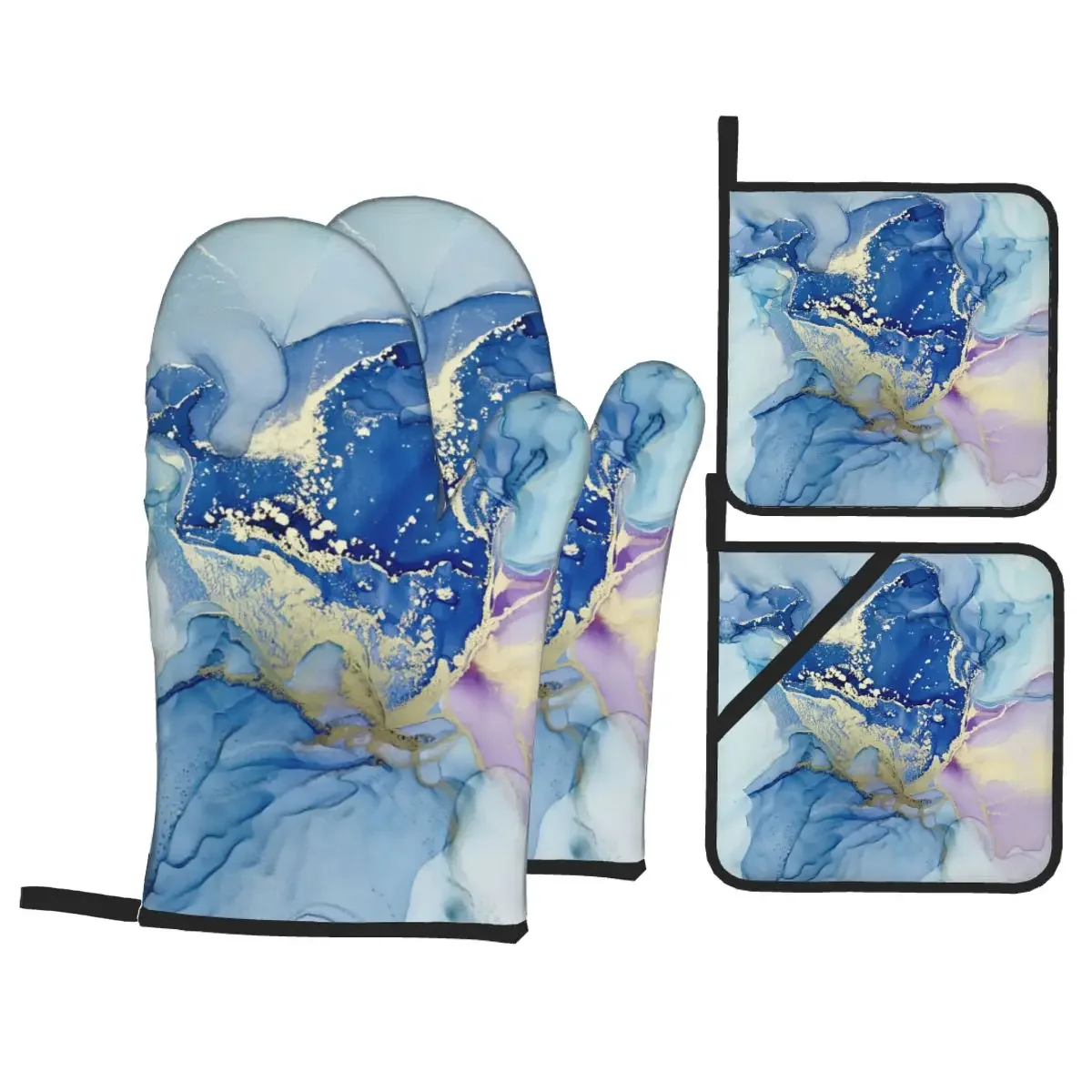 

Custom Blue Texture Marble Oven Mitts and Pot Holders Sets of 4 Heat Resistant Non Slip BBQ Kitchen Gloves for Cooking Baking