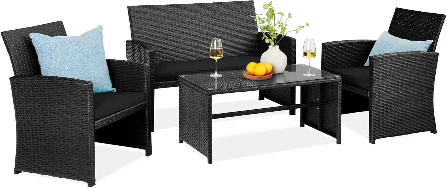 

4-Piece Outdoor Wicker Patio Conversation Furniture Set for Backyard w/Coffee Table, Seat Cushions - Black/Black