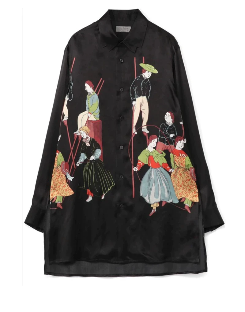 

Rokumeikan Print Silk Shirts Luxury Design Yamamoto-Style Shirts Oversized for Men Women Chemise Homme Original Black Shirt