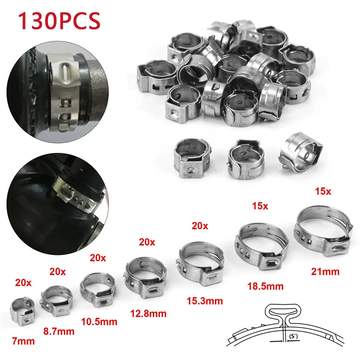 130Pcs Single Ear Stepless Hose Clamp +1PC Hose Clip Clamp Pliers 7-21mm Hose Clamp Cinch Clamp Rings