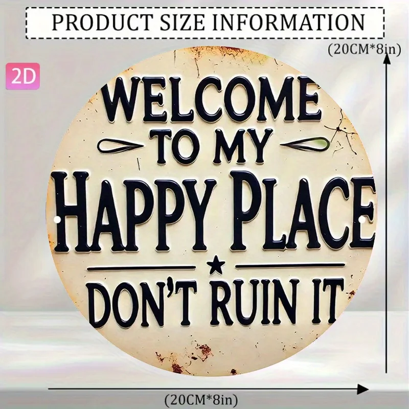 2D Flat - A Vintage Aluminum Sign Saying 'Welcome to My Happy Place' in a 2D Flat Design, Suitable for Decorating Yards, Gardens
