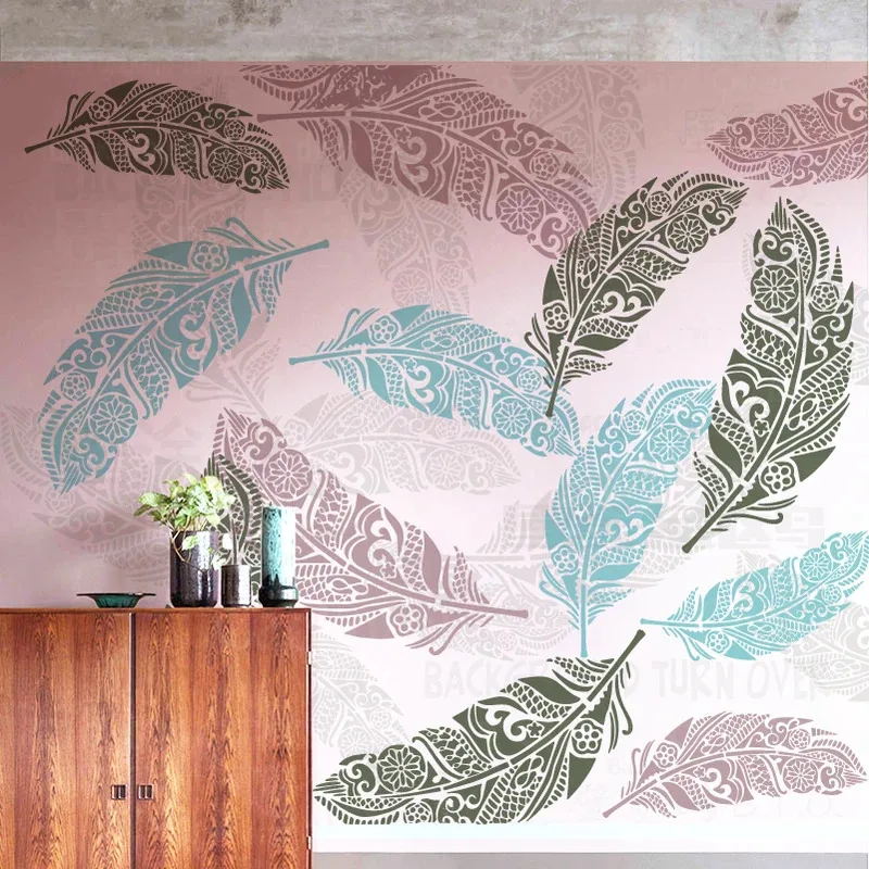 

Трафарет с тропическими перьями и листьями 70-110 см, многоразовый гипсовый шаблон для бохо, настенное искусство, листва джунглей, сделай сам, декоративная живопись