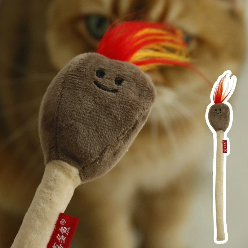 Cat Teaser Plush Toy Chew-resistant Teeth Grinding Teasing Kitten Toy Cute Match Shaped Stick Cat Toy Supplies