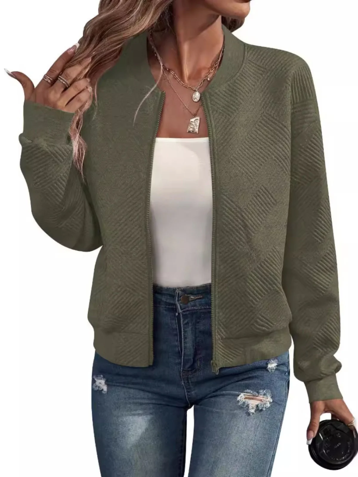 Autunno New Sle Street Faion Colore puro Cerniera Baseball Lungo Sve Colletto alla coreana Casual Jaet Top Capispalla da donna