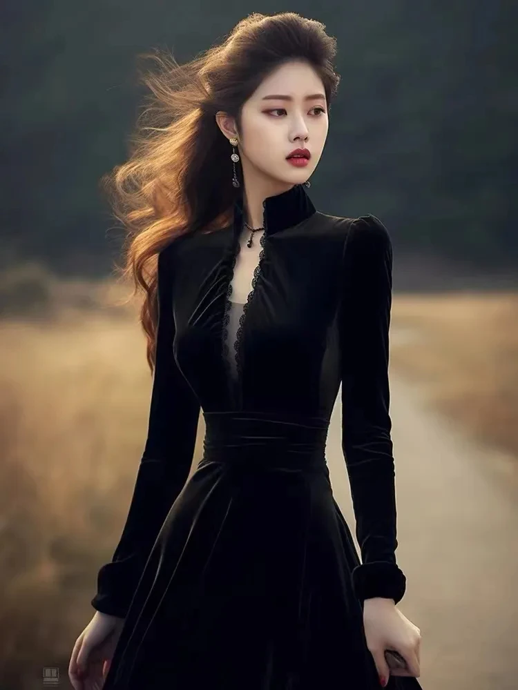 

2024, зимнее винтажное бархатное вечернее платье, женское французское элегантное длинное вечернее платье трапециевидной формы с воротником-стойкой на талии