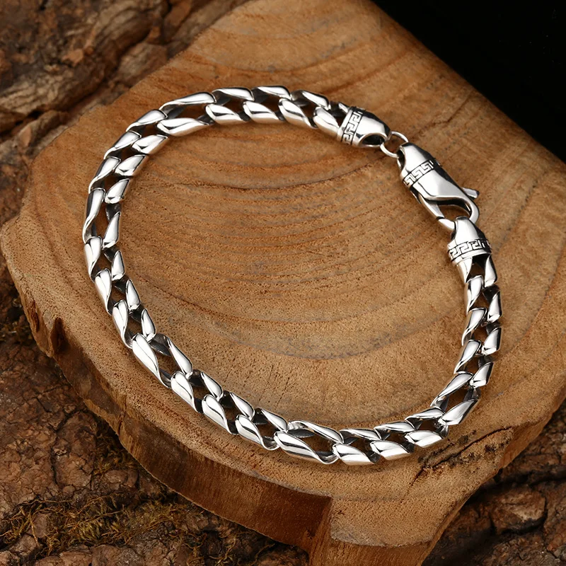 925 Sterling Unisex Smooth Textured Cuban Bracelet, Thai Silver Vintage Jewelry