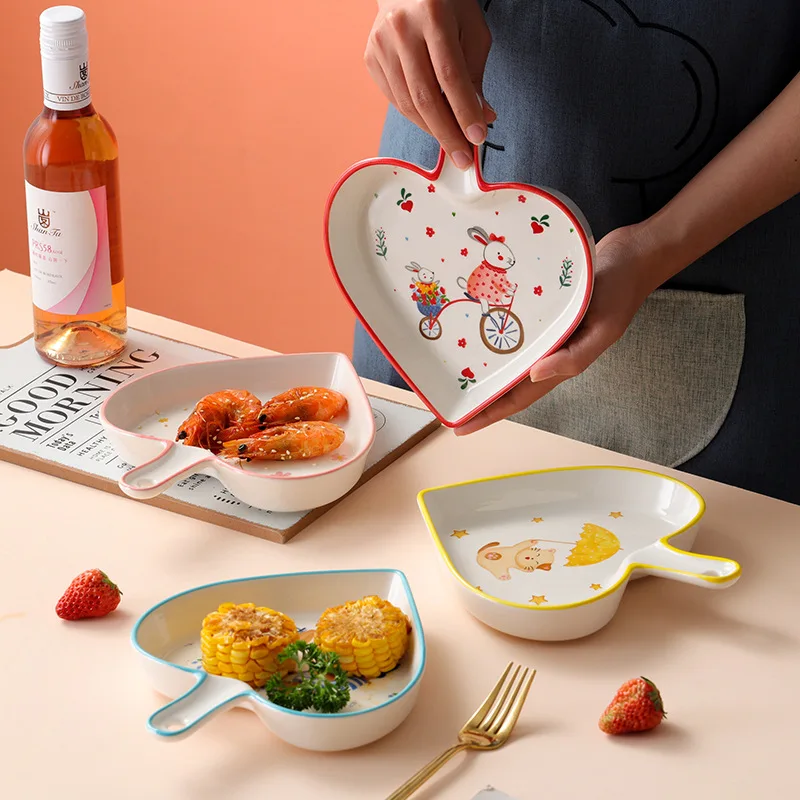 Ceramic heart-shaped baking tray with handle, maiden heart salad tray, microwave oven, oven, handle tray, love tray