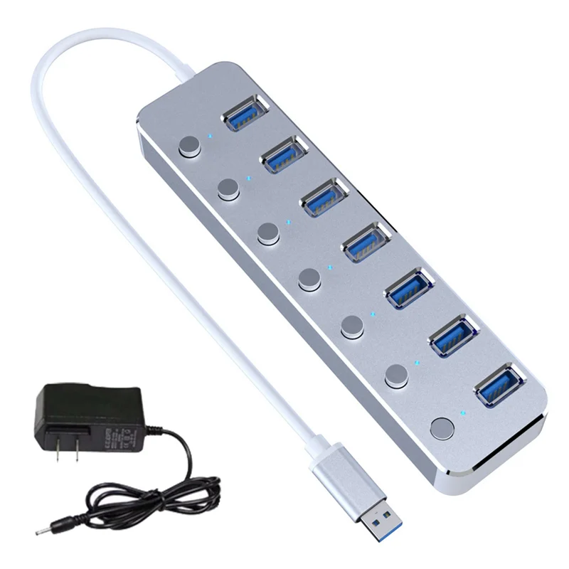 

USB 3.0 Power Adapter 7 Ports Aluminum Alloy Splitter Hub USB Hub 3.0 USB Multi Extender Switch 1.2M Cable Hub US Plug A