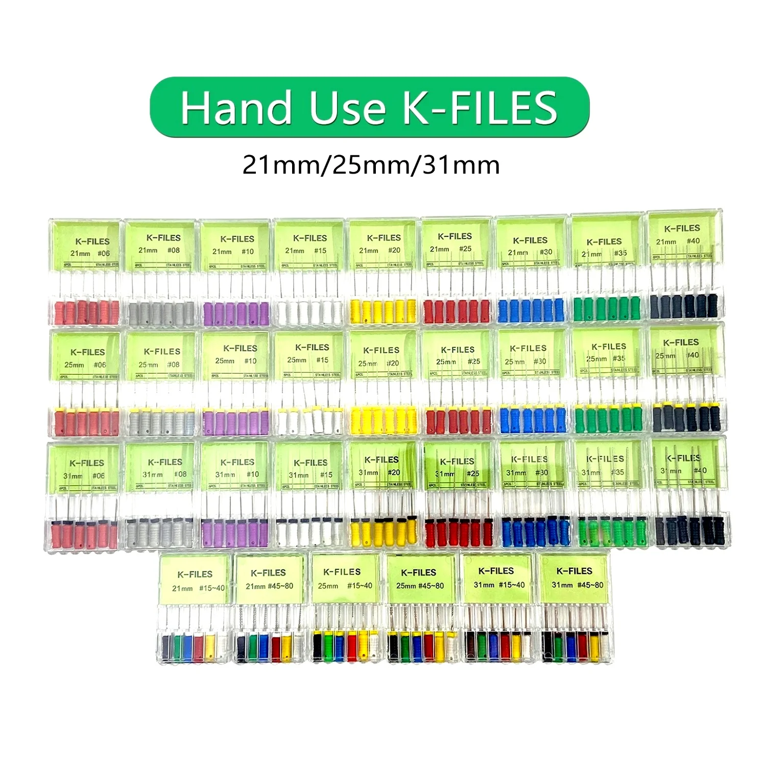 

6 шт./упак. 21 мм/25 мм/31 мм K-файлы из нержавеющей стали, стоматологические эндодонтические инструменты, файлы для корневых каналов, инструменты для лечения