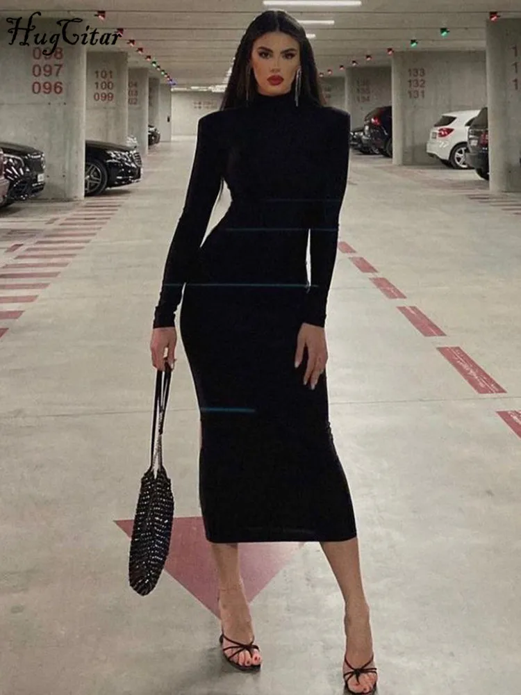 Hugcitar أزياء المرأة الياقة المدورة طويلة الأكمام أسود مثير Bodycon ماكسي فستان الحفلة الراقصة الخريف ملابس كاجوال ملابس الشارع الشهير مهرجان الحفلات