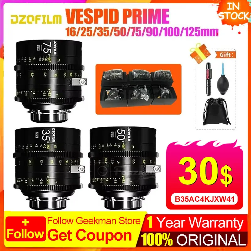 DZOFilm VESPID Prime Lens 25 / 35 / 50 / 75 / 125mm T2.1 16mm T2.8 Macro 90mm T2.8 12mm T2.8 Cine Lens PL & EF Mounts