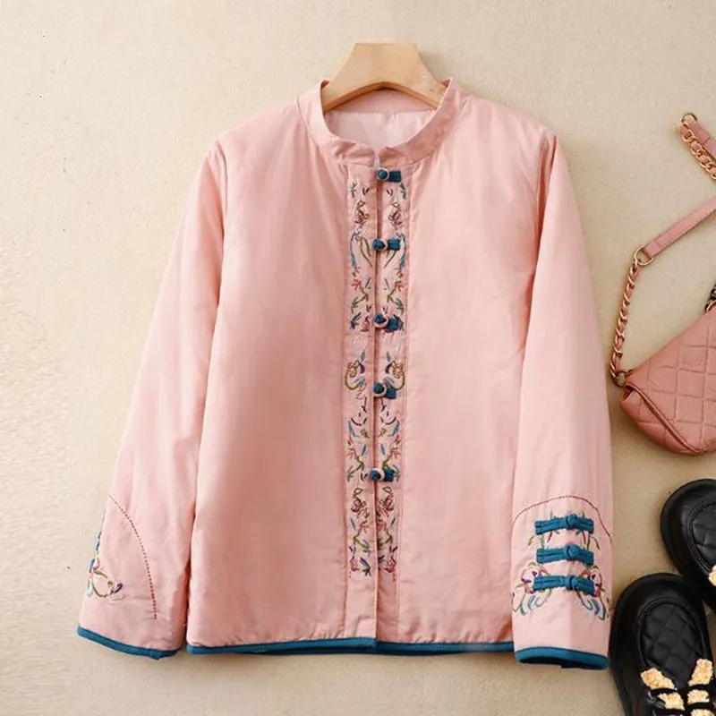 

Chinese Style Cotton Linen Embroidered Cotton Jacket 2026 New Autumn Winter Women's Vintage Knot Button Cotton-padded Clothes