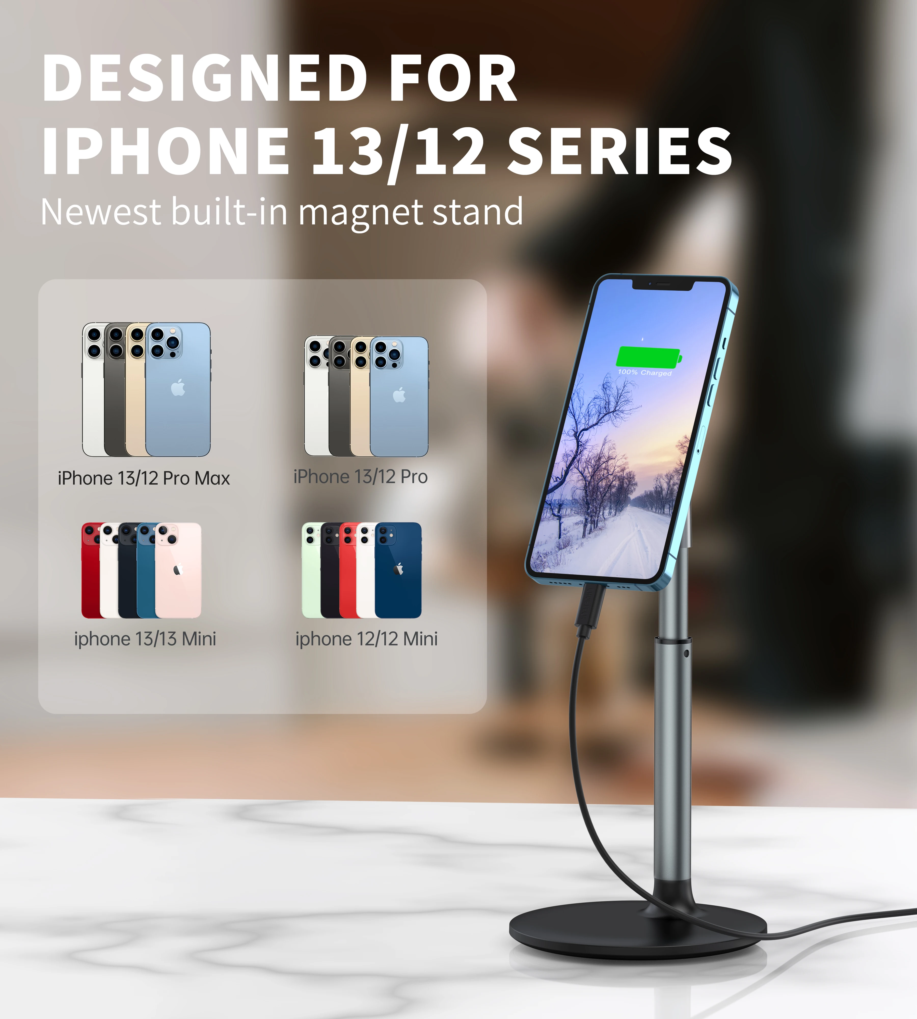 Magnetic Desk Phone Stand for iPhone16 15 14 13/12 - Phone Holder Dock with 360°Rotation, Height&Tilt Adjustable for Office/Home
