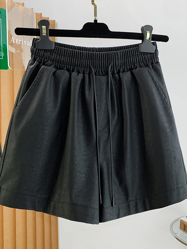 High Waist Leather Shorts Women's Autumn Winter Outerwear Slimming Coffee Color Small Size A-Line Wide Leg Black Booties
