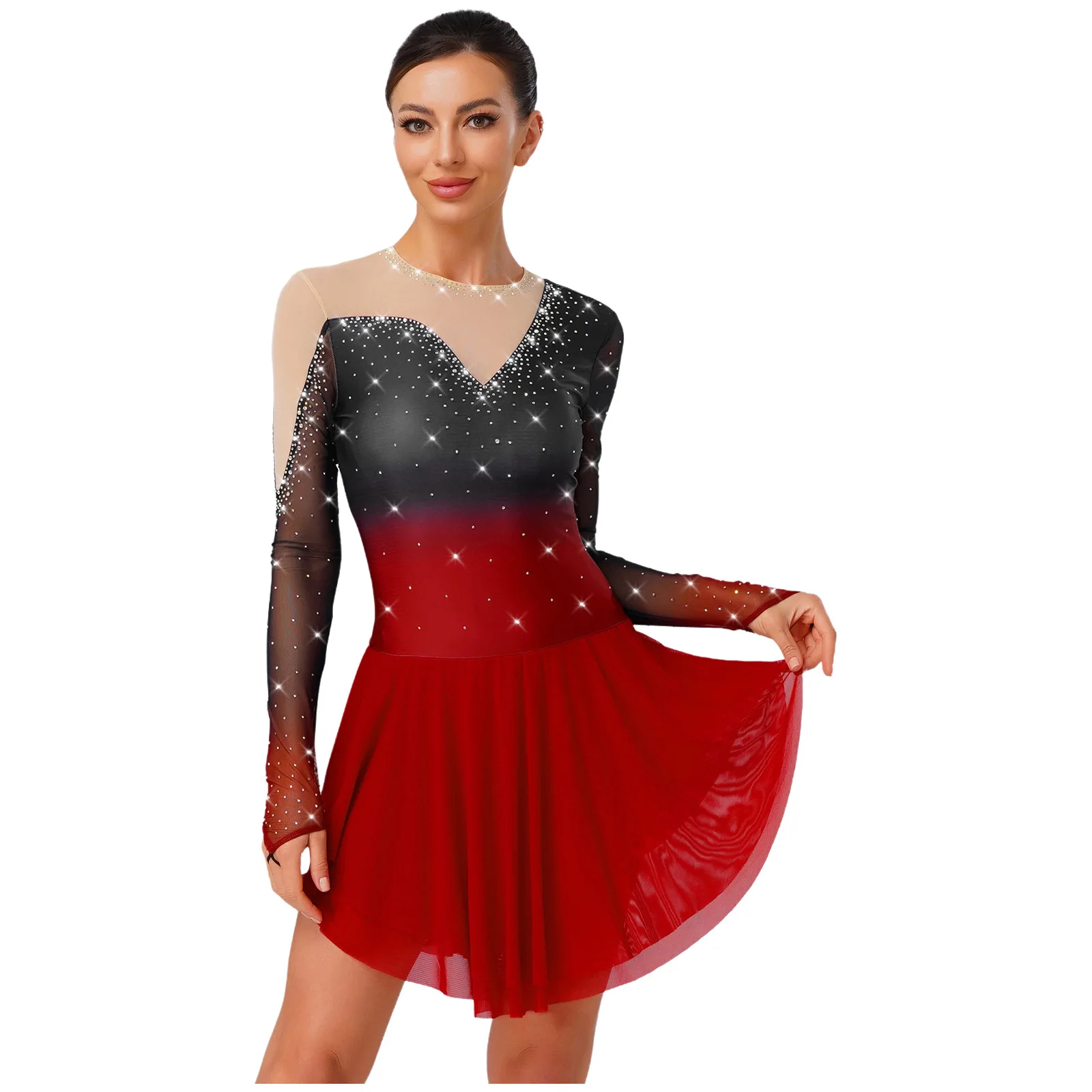 

Women Lyrical Figure Skating Ballet Dance Dress Gradient Sheer Mesh Dress Sequins Gymnastics Active Ballet Performance Costume