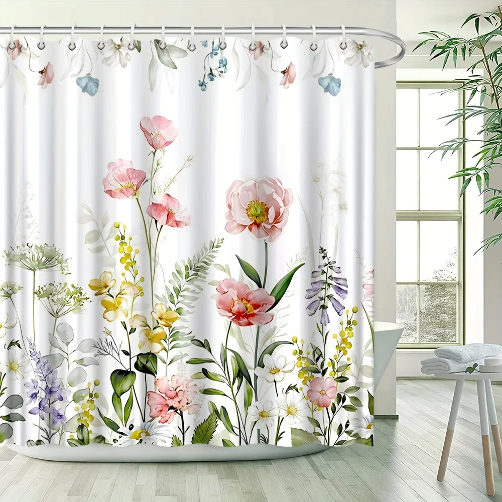 

Очаровательная занавеска для ванны с цветочным принтом — нежные цветы и зеленые листья, водонепроницаемый домашний декор добавляет естественную красоту в ванную комнату