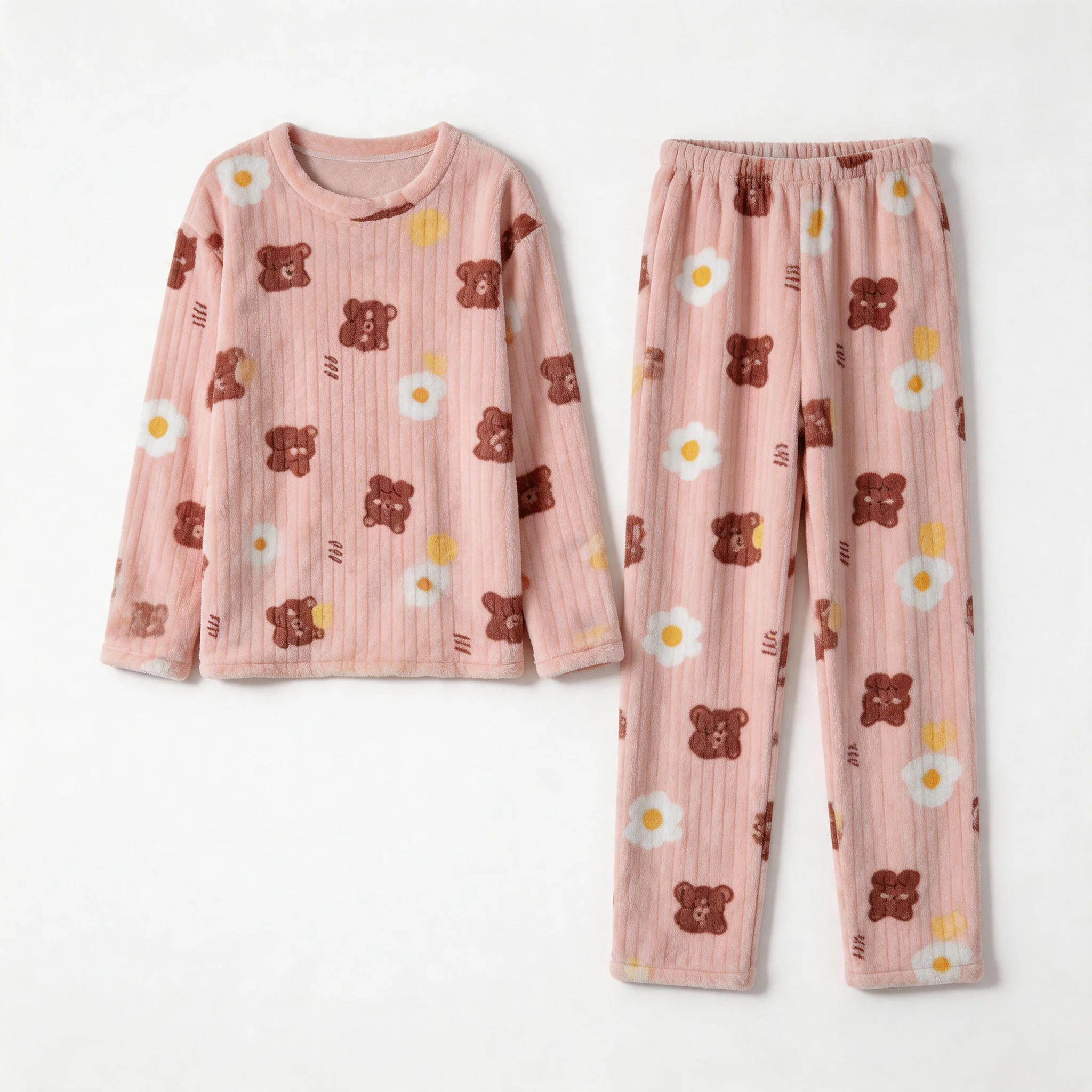 

2 Piece Set Warm Sleepwear for Winter Women Printed Bear Coral Velvet Pajamas Student Flannel Loungewear laides Nightwear
