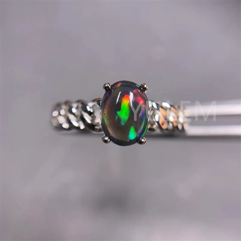 YULEM Brilliant Black Natural Opal Ring 6mm*8mm Natural Opal 925 Silver Ring 18K Gold Plating Gemstone Jewelry